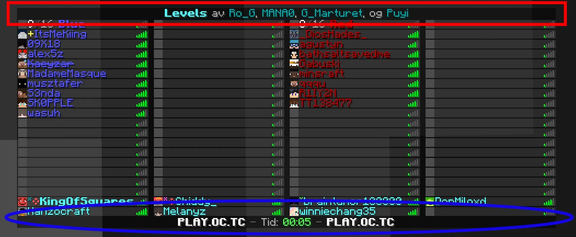 Image showing a tab list from a multiplayer server with the header and footer encased, shown through the vanilla Minecraft client